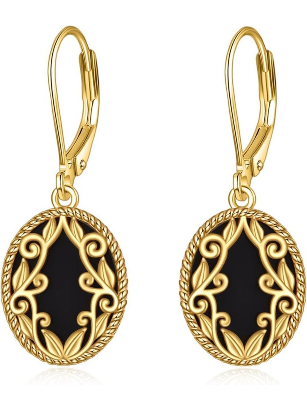 Boho Black Onyx Dangle Earrings in Sterling Silver & 18K Gold Plated Filigree